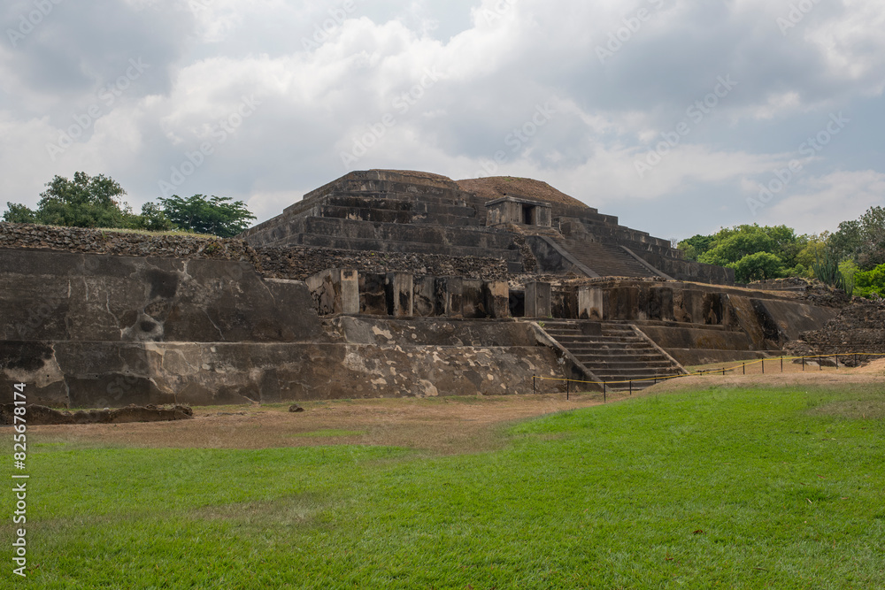 Main pyramid with temple at Tazumal Park archaeological site in El Salvador.