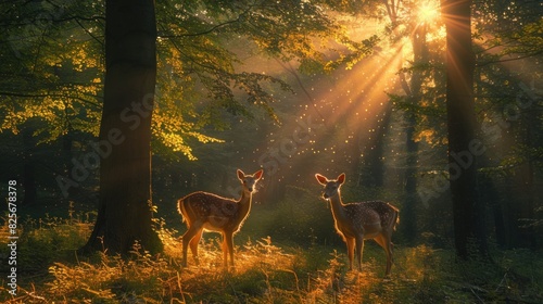 Golden rays of sunlight piercing through tall, ancient trees in a serene forest as deer quietly graze on the lush grass