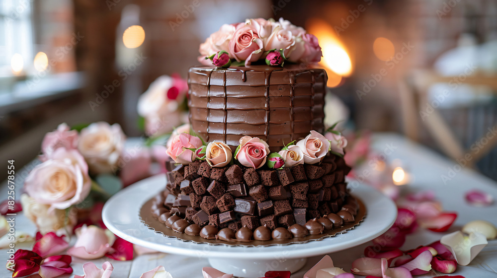 A chocolate wedding cake surrounded by rose petal