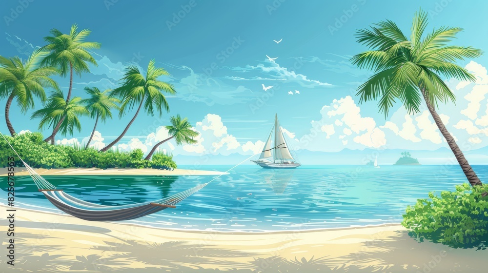 Detailed vector illustration of a tropical island with palm trees, a hammock, and a sailboat in the distance, under a sunny sky