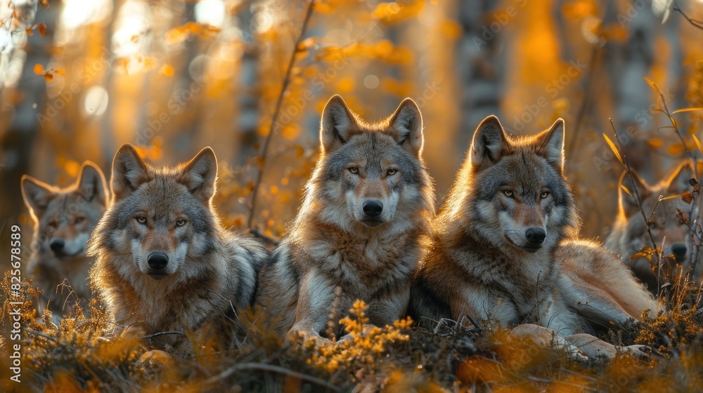 Sunlight dappling through the branches of towering trees, casting a gentle glow on a family of wolves resting in the underbrush Sunlight dappling through the branches of towering trees, casting a gentle glow on a family of wolves resting in the underbrush