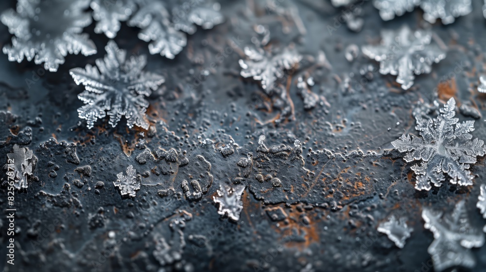 Close-up of frost on rusted metal surface. Detailed close-up of frost on a rusted metal surface, highlighting the contrast between the ice crystals and the rusty texture. Close-up of frost on rusted metal surface. Detailed close-up of frost on a rusted metal surface, highlighting the contrast between the ice crystals and the rusty texture.