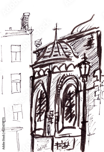 altar part of the Dome Cathedral in Riga, Latvia, graphic black and white travel sketch