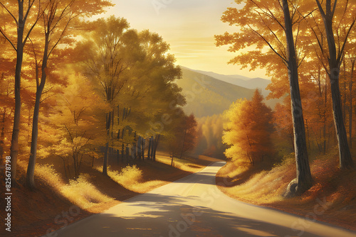 A vintage watercolor painting of a winding country road disappearing into a vibrant autumn forest.