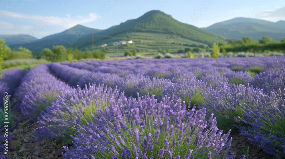 Obraz premium Close-Up of Lavender Field with Mountain Background. Close-up of a lavender field in full bloom with a scenic mountain range in the background under a clear sky.