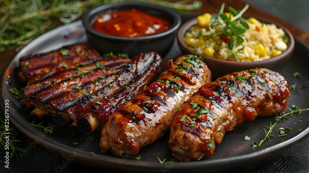 Savory Barbecue Delights A Plate Filled with Grilled Chicken Sausage and Ribs