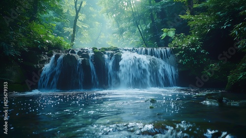 Majestic Forest Waterfall with Sunlight. Majestic waterfall in a forest setting  with sunlight filtering through the trees and water flowing into a clear pool.