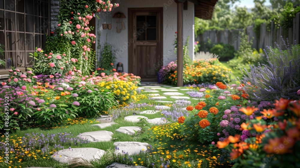 Colorful Cottage Garden with Stone Path. Vibrant garden with a stone path leading to a cozy cottage, filled with a variety of colorful flowers and lush plants.