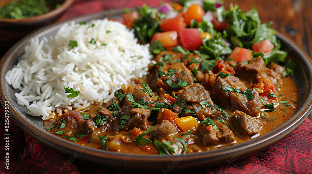 A plate of Kasmiri lamb curry with rice and sala