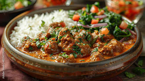 A plate of Kasmiri lamb curry with rice and sala