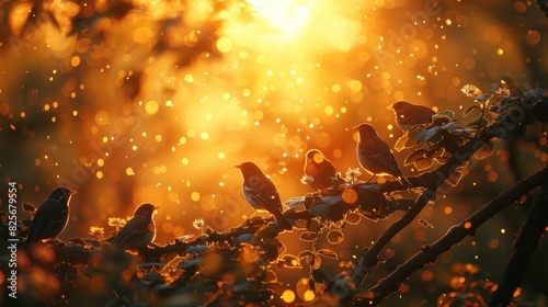 Golden sunlight streaming through the trees, creating a peaceful glow around a group of birds nesting in the branches photo