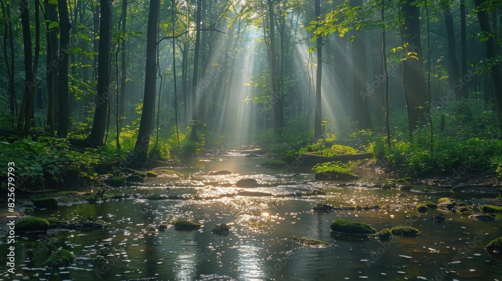 Obraz premium Rays of sunlight breaking through the forest canopy, casting a gentle light on a family of raccoons playing near a stream