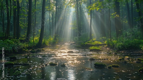Rays of sunlight breaking through the forest canopy, casting a gentle light on a family of raccoons playing near a stream photo