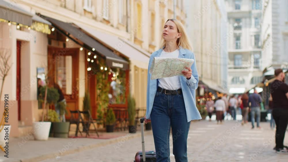 Young blonde woman tourist with luggage suitcase exploring checking paper map search a way direction while traveling abroad. Lady girl walking on urban summer city street. Town lifestyles outdoors