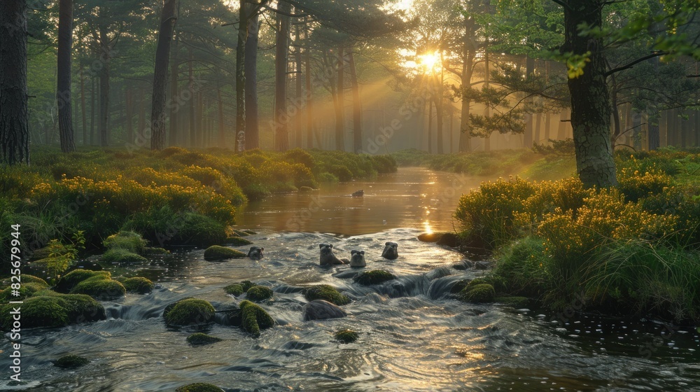 Obraz premium The soft light of dawn casting a serene glow over the forest, with a family of otters playing in a tranquil river
