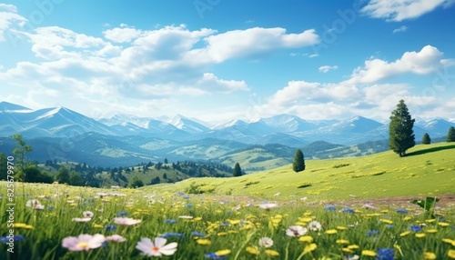 A stunning spring day landscaping views of fertile land surrounded beautiful green vegetation  wide stretches of hills and mountains with clear skies in spring