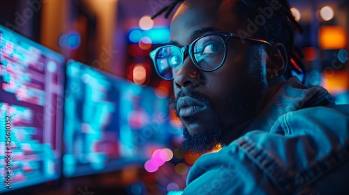 Focused Programmer Working with Multiple Screens. Young programmer intensely working with multiple computer screens, surrounded by blue and purple ambient lighting in a modern workspace.