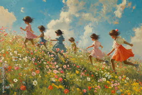 children playing in the field of flowers painting