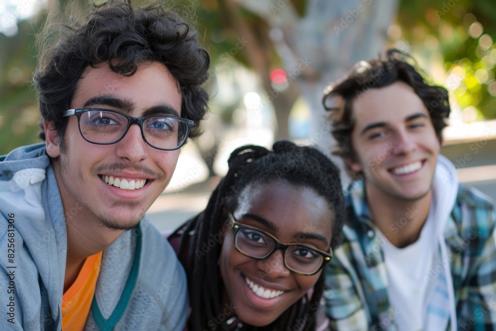 Portrait of young multiethnic group of friends smiling and looking at camera Portrait of young multiethnic group of friends smiling and looking at camera