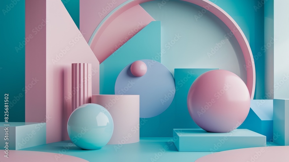 An artistic 3D rendering of abstract geometric shapes in Pantone set against a minimalist background to highlight the design An artistic 3D rendering of abstract geometric shapes in Pantone set against a minimalist background to highlight the design