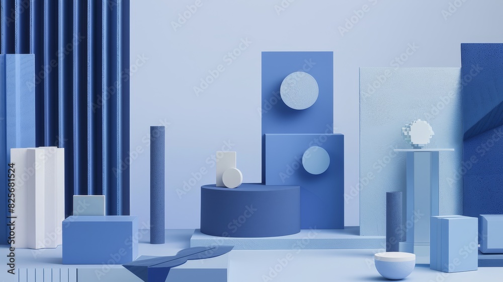 A contemporary 3D display of geometric forms in Pantone showcasing a clean and stylish minimalist aesthetic A contemporary 3D display of geometric forms in Pantone showcasing a clean and stylish minimalist aesthetic