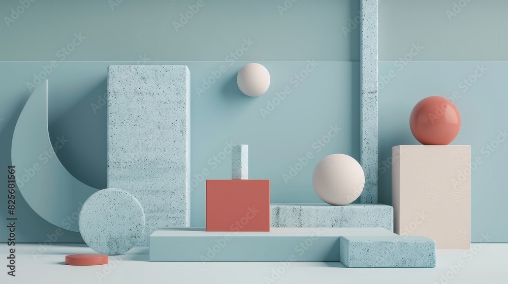 A contemporary 3D display of geometric forms in Pantone showcasing a clean and stylish minimalist aesthetic A contemporary 3D display of geometric forms in Pantone showcasing a clean and stylish minimalist aesthetic