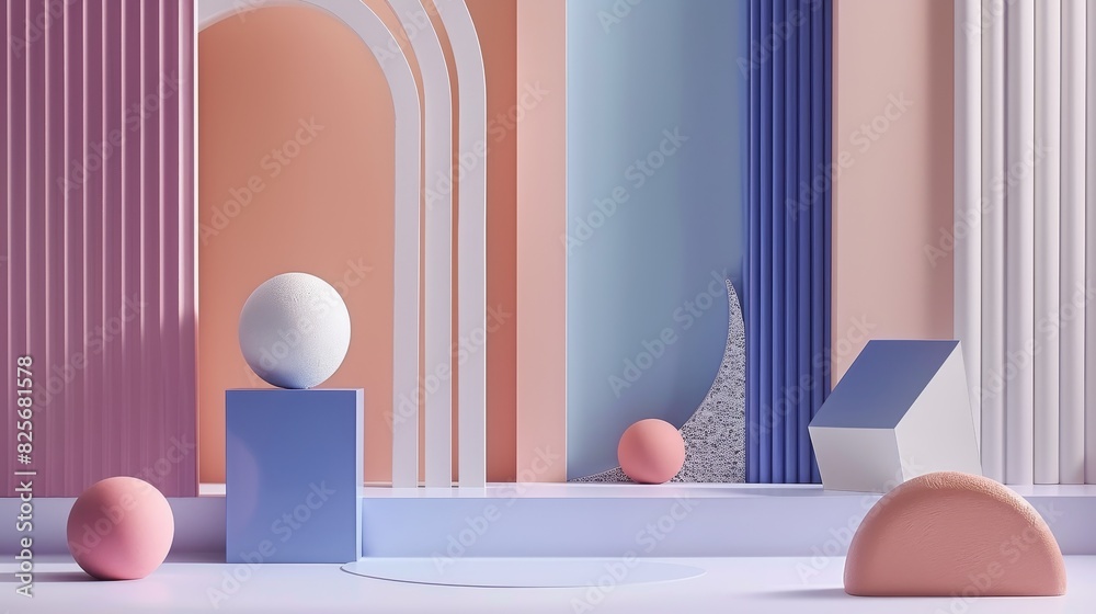A contemporary 3D display of geometric forms in Pantone showcasing a clean and stylish minimalist aesthetic A contemporary 3D display of geometric forms in Pantone showcasing a clean and stylish minimalist aesthetic