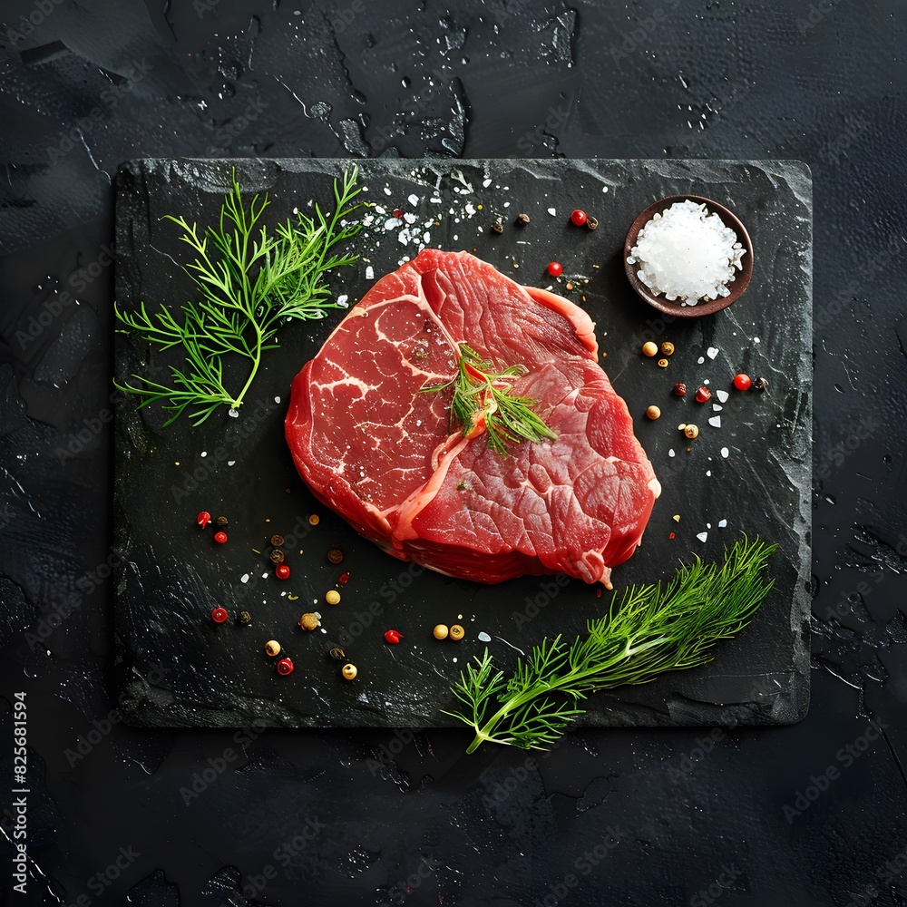 photography of a raw Ribeye Steak fillet on a dark slate background, garnished with salt, pepper, and fresh dill, showcasing its fresh and appealing texture and color suitable for a culinary