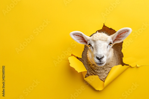 A white sheep is looking out of a yellow paper hole photo