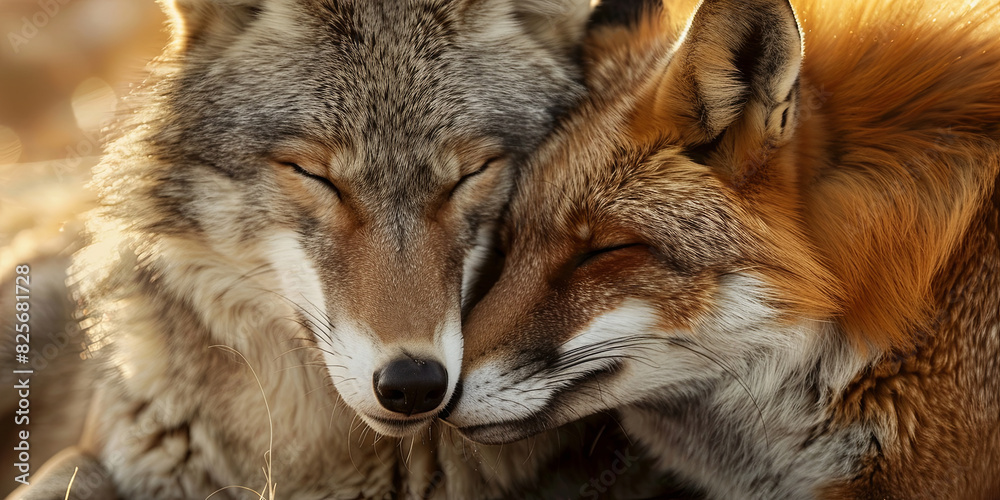Fototapeta premium wolf and fox cuddle together, generative AI