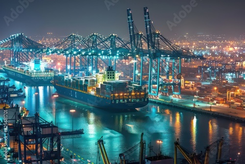 industrial harbor cargo ship with lights and large cranes photo