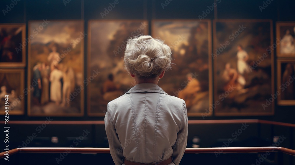 An elderly Caucasian woman engrossed in viewing classical paintings at a well-lit art museum