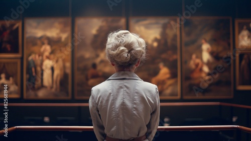 An elderly Caucasian woman engrossed in viewing classical paintings at a well-lit art museum photo