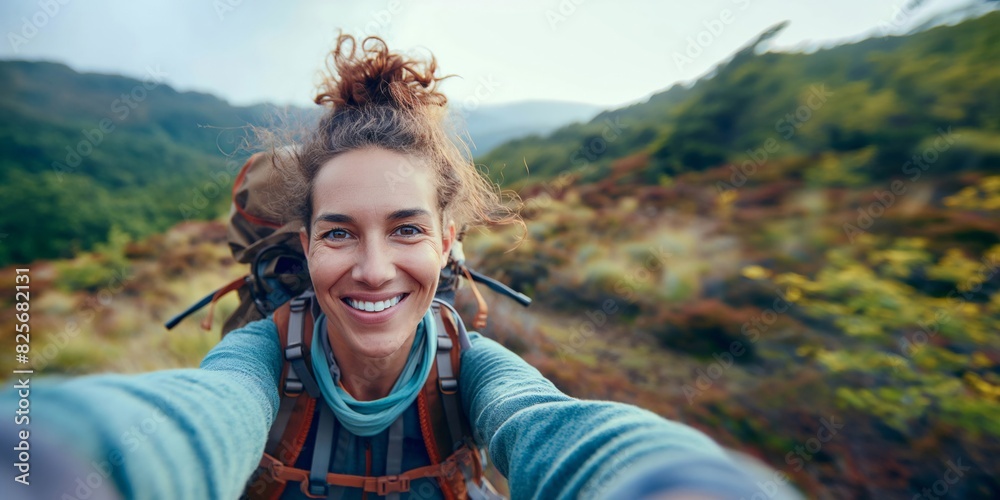 A cheerful Caucasian female hiker captures herself in a selfie while hiking on a scenic mountain trail, surrounded by natural beauty