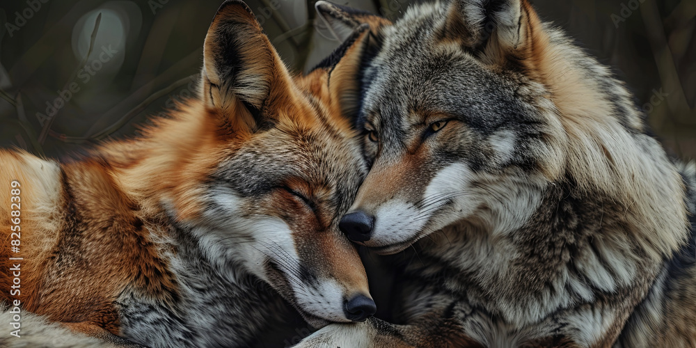 Fototapeta premium wolf and fox cuddle together, generative AI