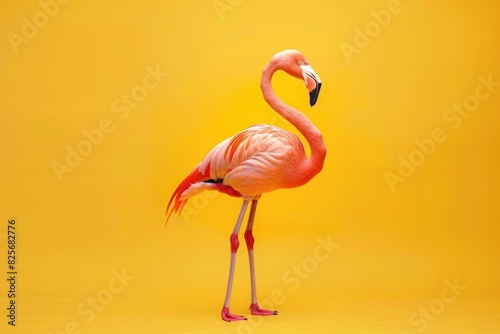 Photo of A pink flamingo standing on an isolated yellow background  full body shot