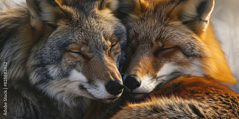 Fototapeta premium wolf and fox cuddle together, generative AI