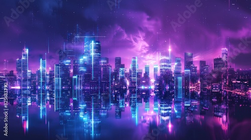 Wallpaper Mural Panoramic urban architecture, cityscape with space and neon light effects. Modern hi-tech, science Torontodigital.ca