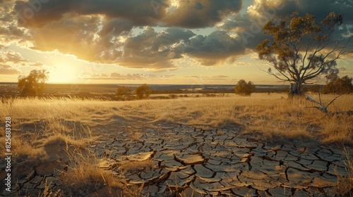 A sobering image capturing the stark reality of global warming's impact on the outback, with cracks and dryness marring the once-thriving landscape, illustrating the urgent need for climate action 