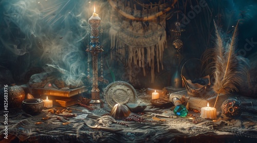 A spellbinding still life composition capturing the essence of shamanic magic and ritualistic practice. A ceremonial witchcraft staff, adorned with feathers, crystals,  photo