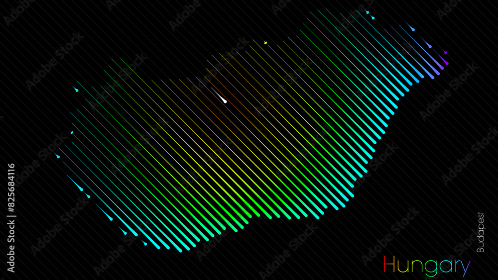A map of Hungary is presented in the form of colorful diagonal lines against a dark background. The country's borders are depicted in the shape of a rainbow-colored diagram. A map of Hungary is presented in the form of colorful diagonal lines against a dark background. The country's borders are depicted in the shape of a rainbow-colored diagram.
