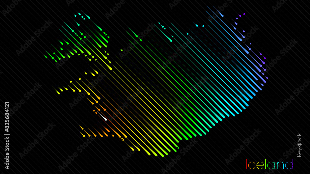 A map of Iceland is presented in the form of colorful diagonal lines against a dark background. The country's borders are depicted in the shape of a rainbow-colored diagram.