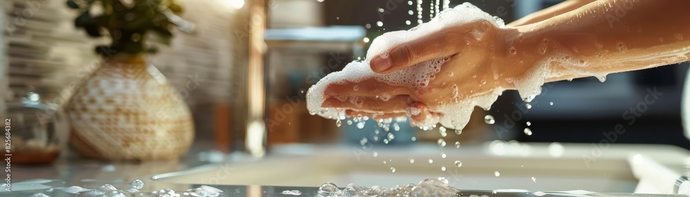 Fototapeta premium person s hands under running water, covered in soap suds, with a neat bathroom setting, focus on hygiene