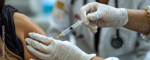 person s arm receiving a vaccine shot, with a detailed focus on the syringe and injection site, highlighting the vaccination process photo