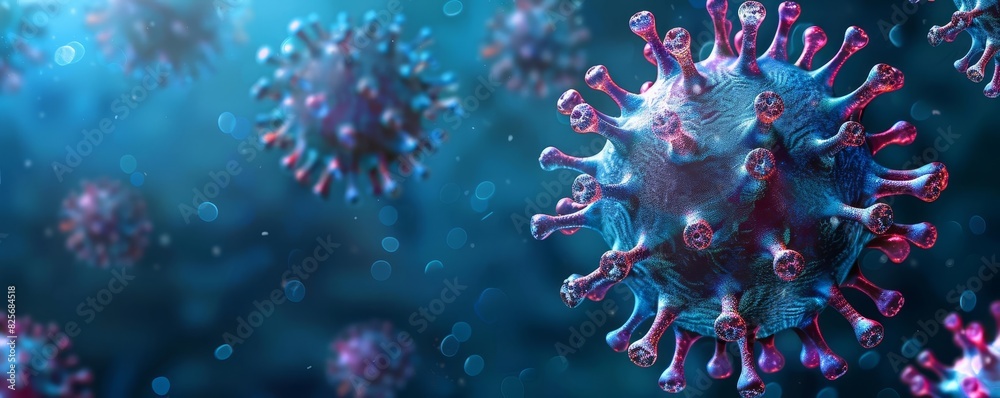 illustration of COVID19 virus particles with a glowing effect, set against a dark blue background, emphasizing the virus illustration of COVID19 virus particles with a glowing effect, set against a dark blue background, emphasizing the virus