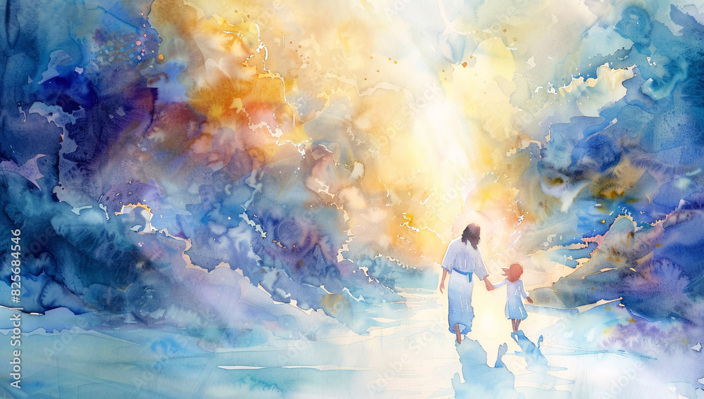 Watercolor painting of Jesus walking with a little girl