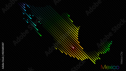 A map of Mexico is presented in the form of colorful diagonal lines against a dark background. The country's borders are depicted in the shape of a rainbow-colored diagram.