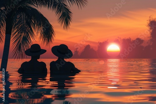 Silhouette of a couple wearing sun hats sitting by the pool at sunset  with a tropical island background  rendered
