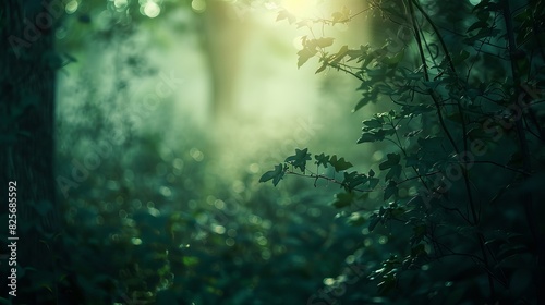 forest  a bright light in the distance  a heartwarming feeling  dark green and light tones