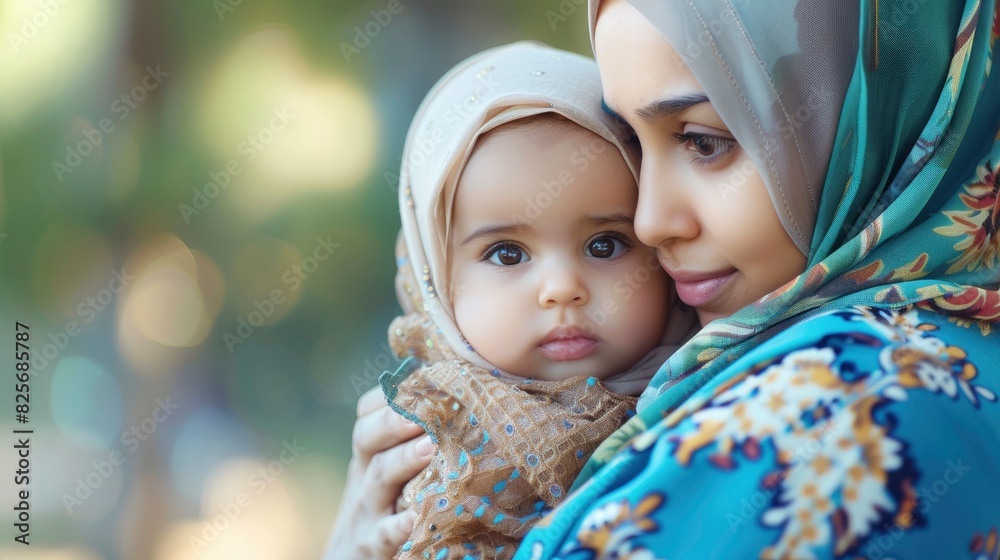 A Happy Muslim Mother Held Her Adorable Little Baby Daughter Wearing A Hijab In Her Arms, Symbolizing Love And Cultural Heritage, Hd Images